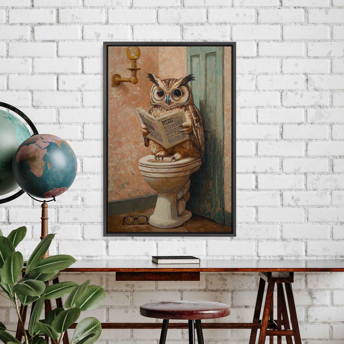 Whimsical Owl With Glasses Reading Newspaper On Toilet Art Poster