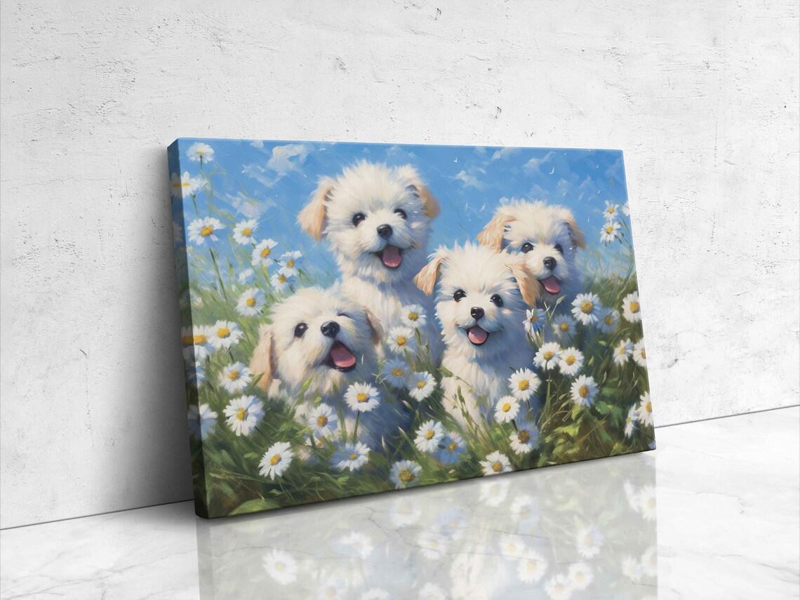 Four White Puppies Daisy Field Happy Puppy Dog Lovers Art Print - Image 4