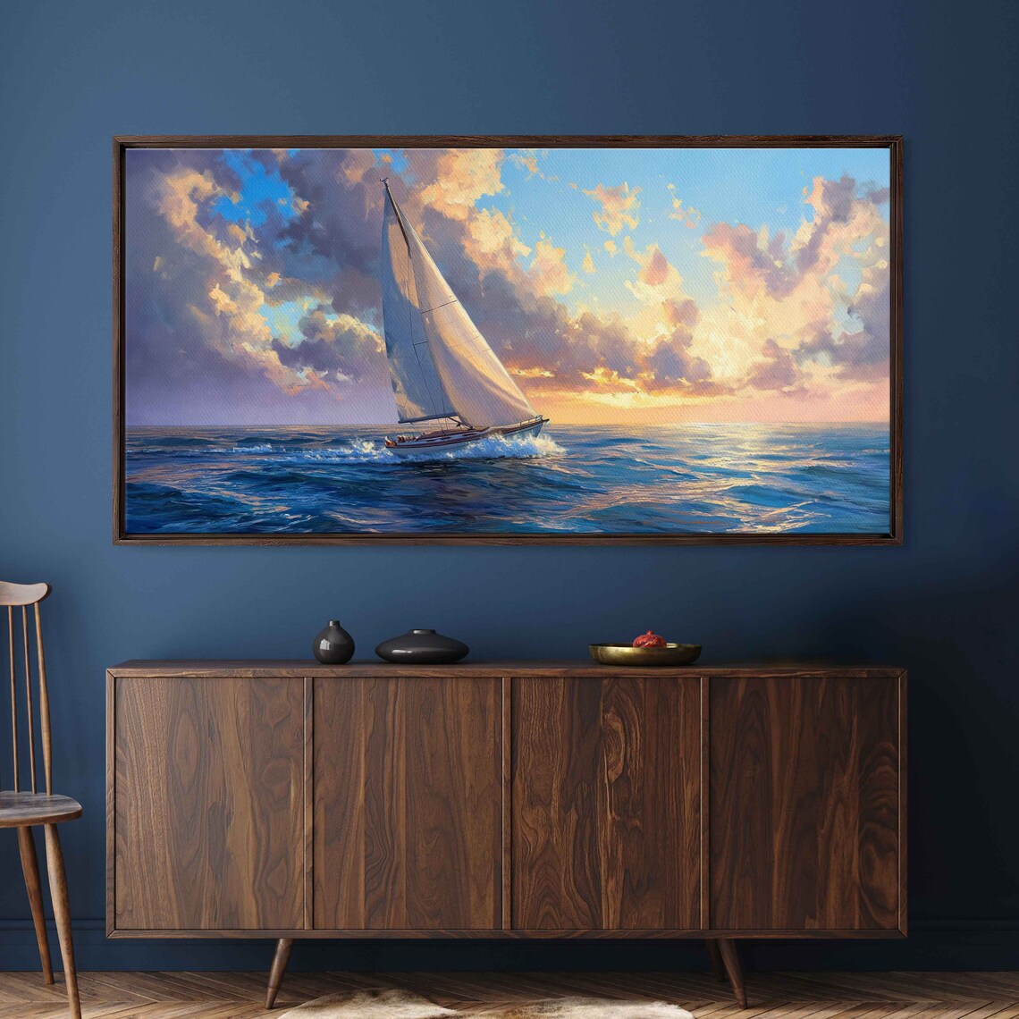 Sailboat At Sunset Golden Orange Sky Reflective Ocean Painting Poster
