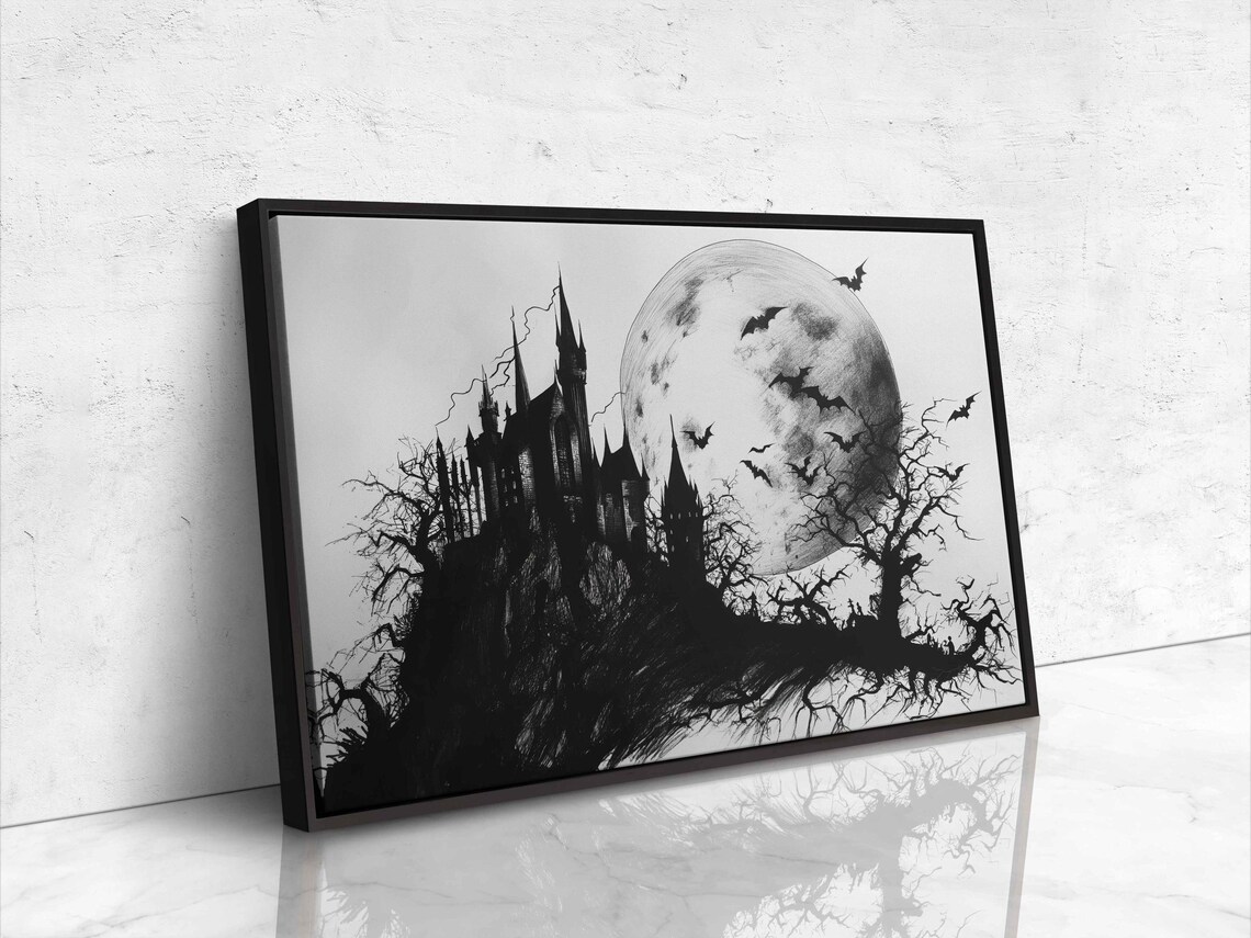 Haunted Castle Silhouette Under Full Moon With Flying Bats Halloween Art Poster - Image 4