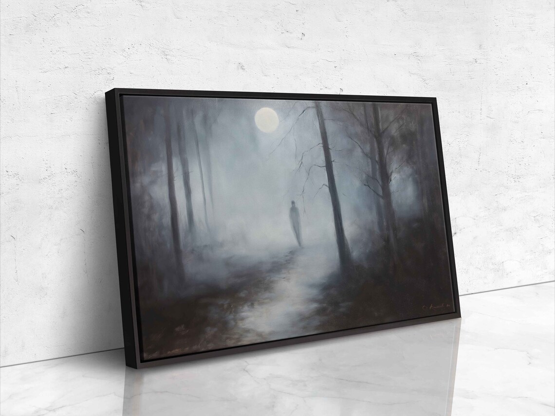 Ghostly Figure On Foggy Forest Path Moonlit Night Spooky Poster - Image 4