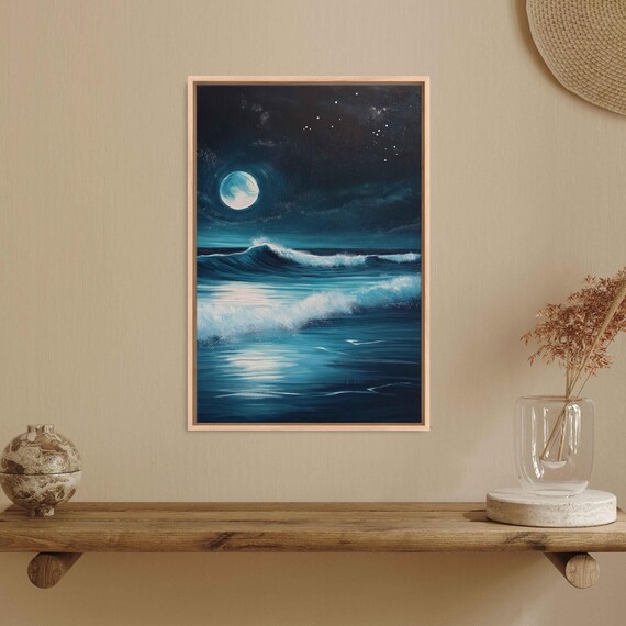 Full Moon Over Moonlit Ocean Waves Under Starry Night Sky Seascape Art Poster