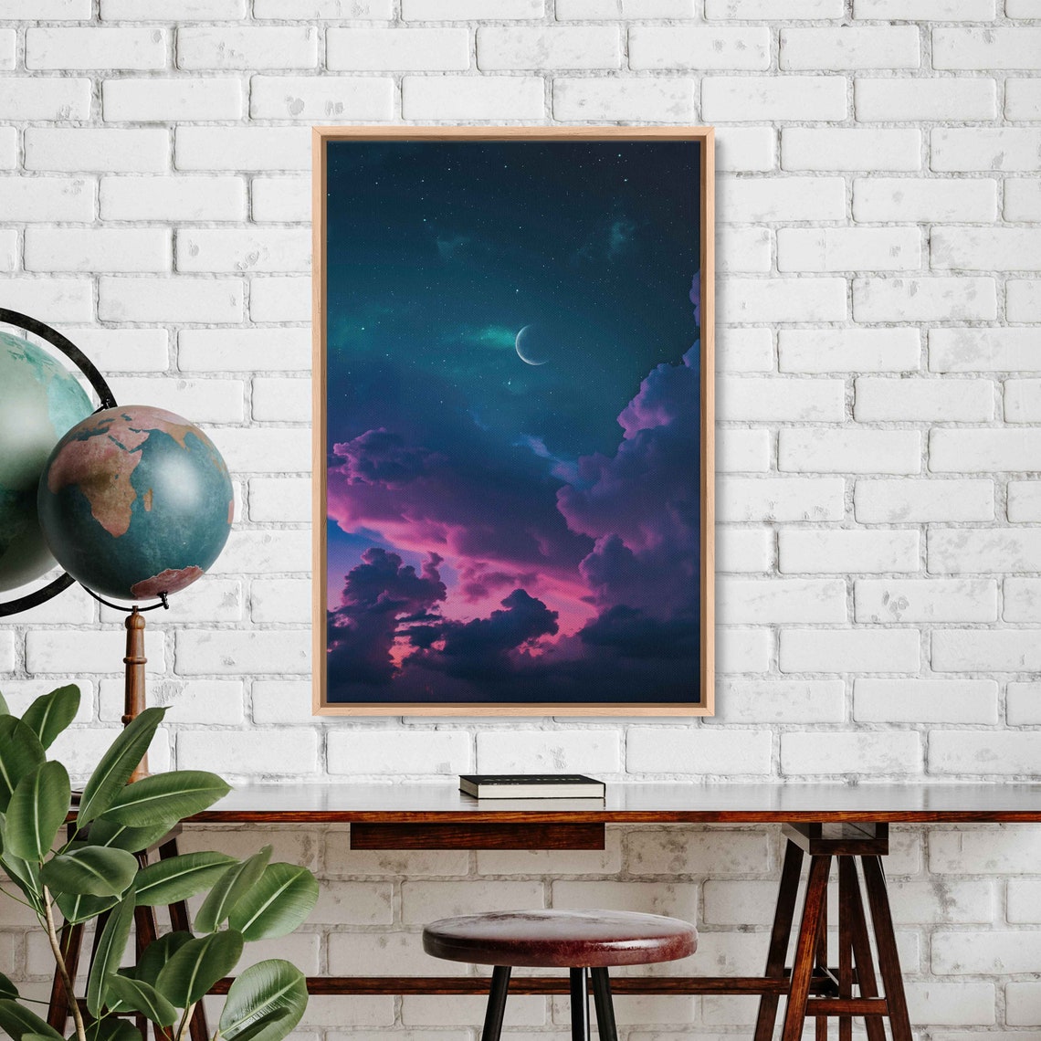 Glowing Crescent Moon Over Vibrant Pink Clouds Night Sky Poster - Image 3