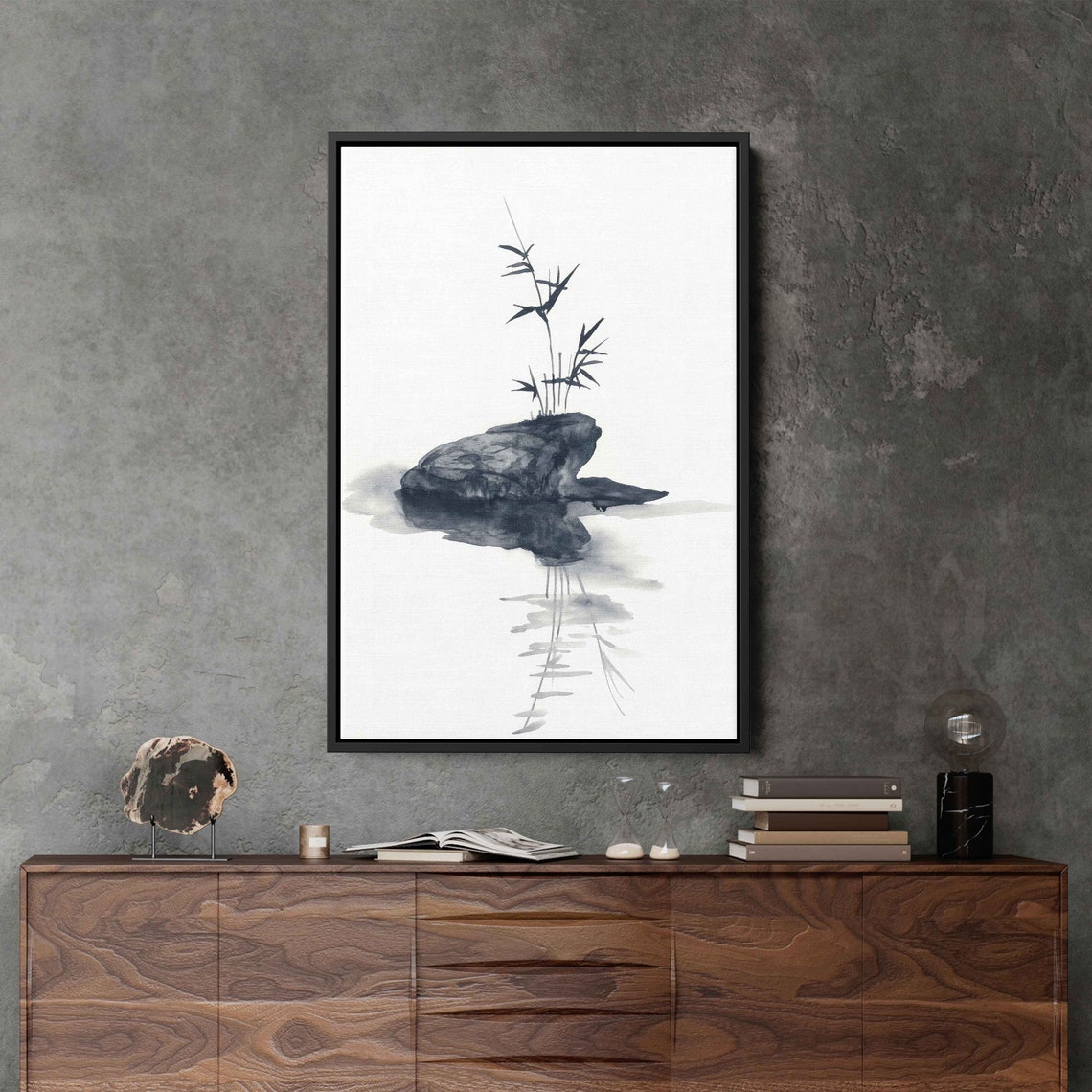Japanese Bamboo On Rock Ink Painting Still Water Reflection Zen Print - Image 2