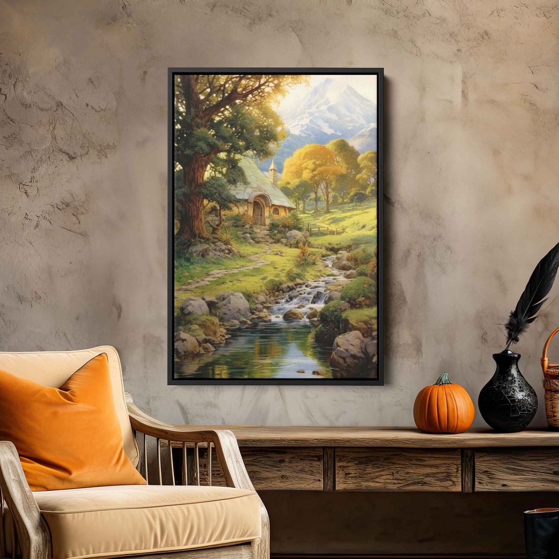 Humble Countryside Home On The River Painting Framed Print Ready To Hang Rustic Wall Art - Image 3