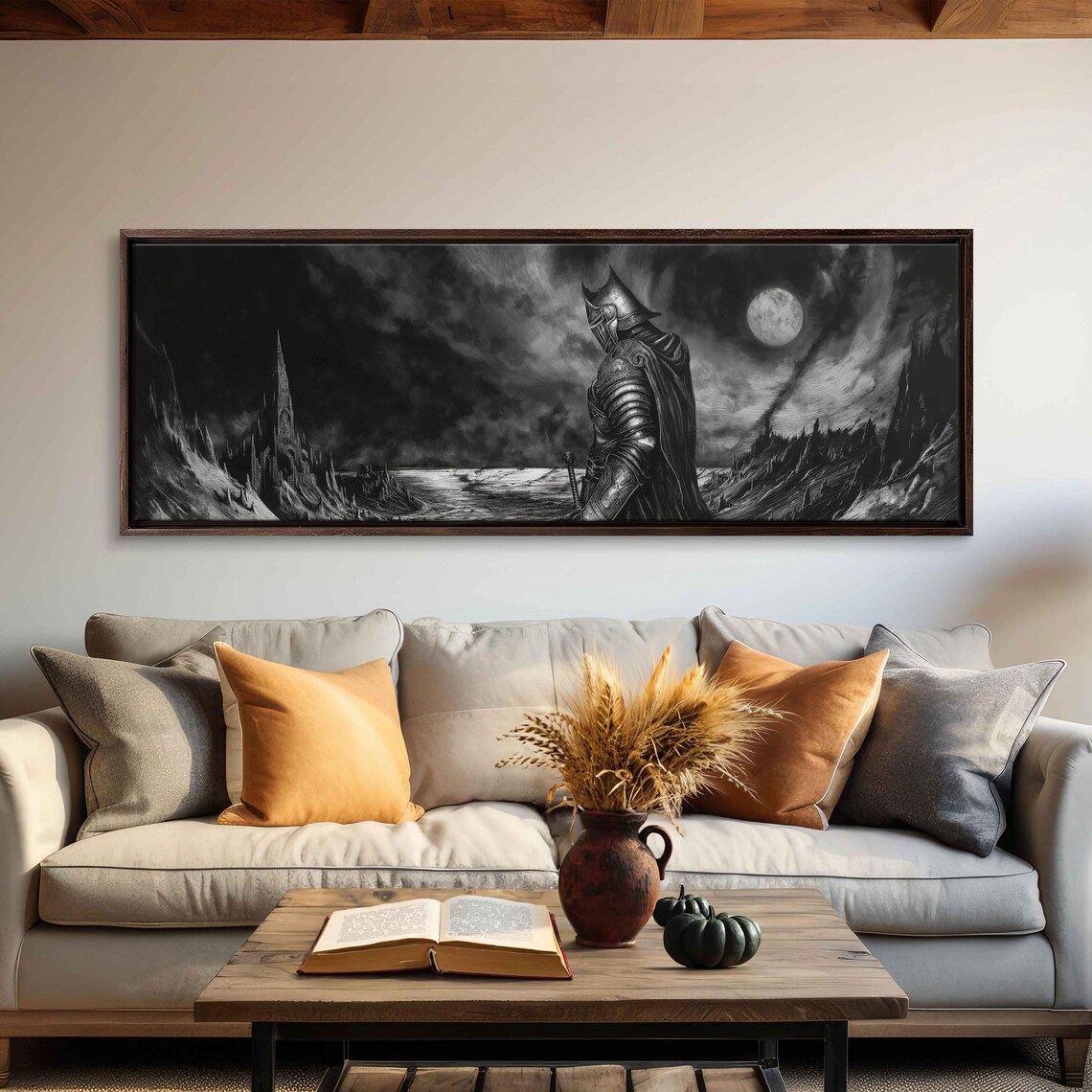 Gothic Knight Overlooking Dark Moonlit Fantasy Seascape Monochrome Ink Art Poster - Image 3