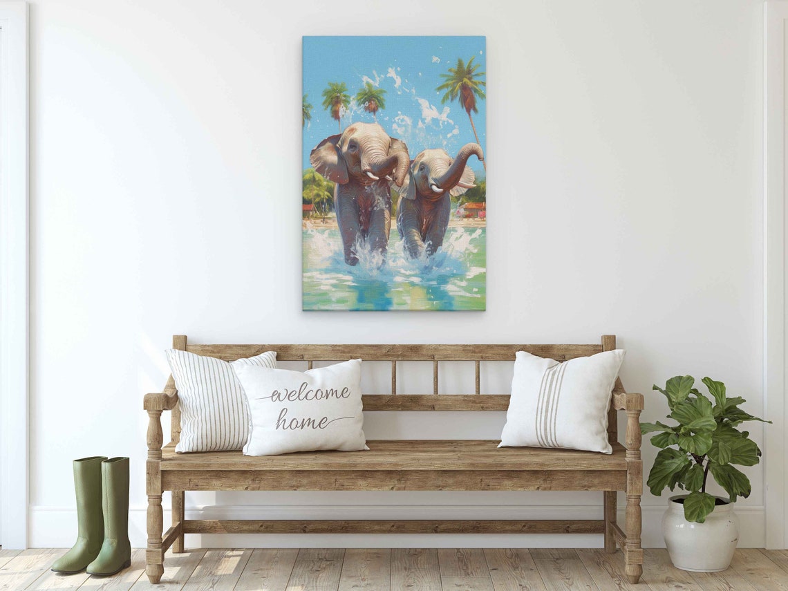 Pair Of Cute Elephants Running Through Water Framed Print Ready To Hang Wildlife Painting - Image 2