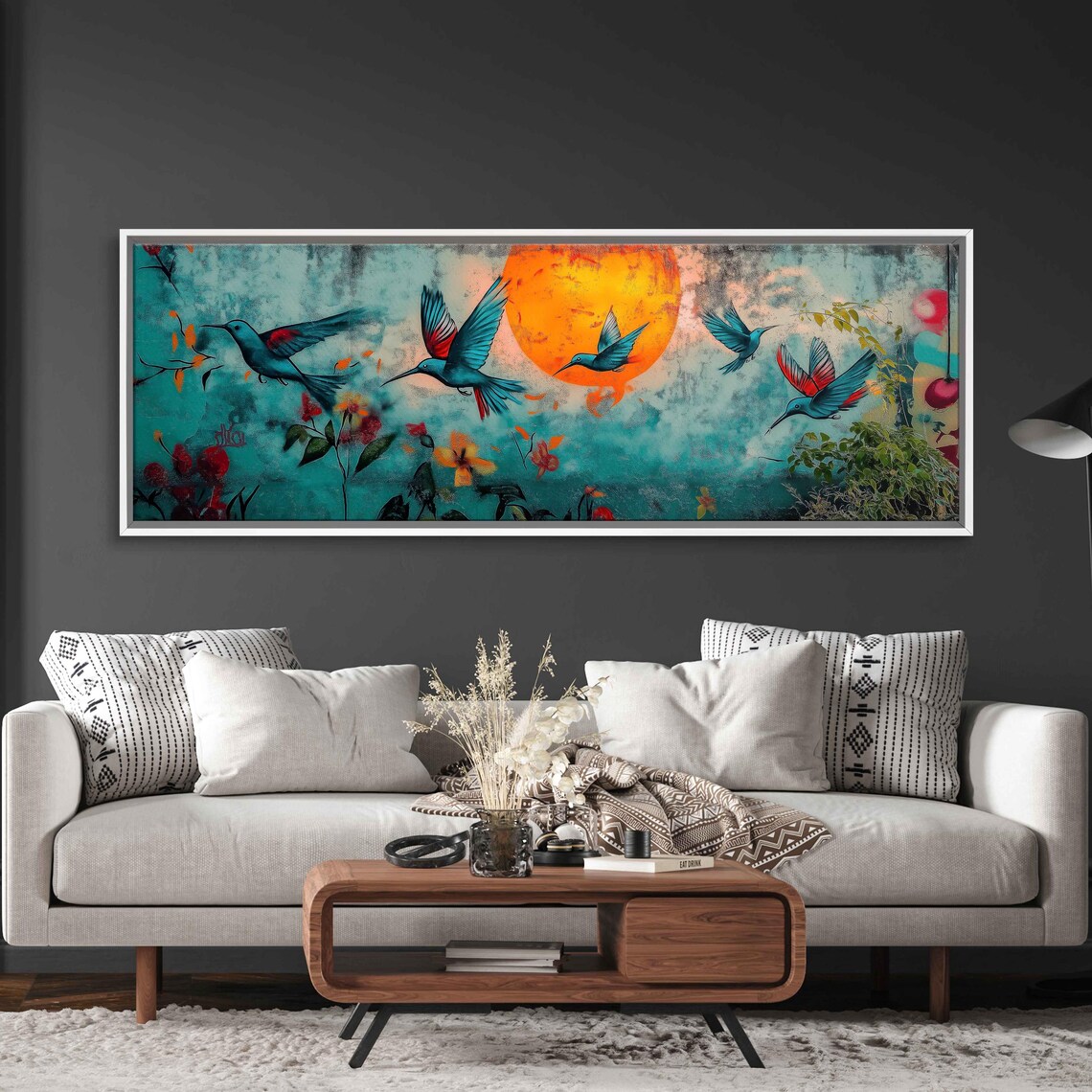 Stylized Birds Taking Flight, Graffiti Style Sunset Glow