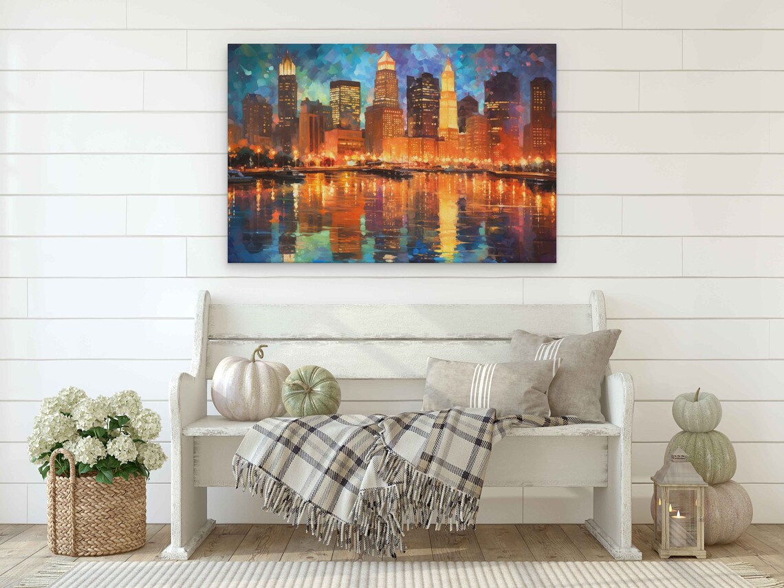 Impressionist City Skyline Night Lights Shimmering Water Reflection Poster - Image 2
