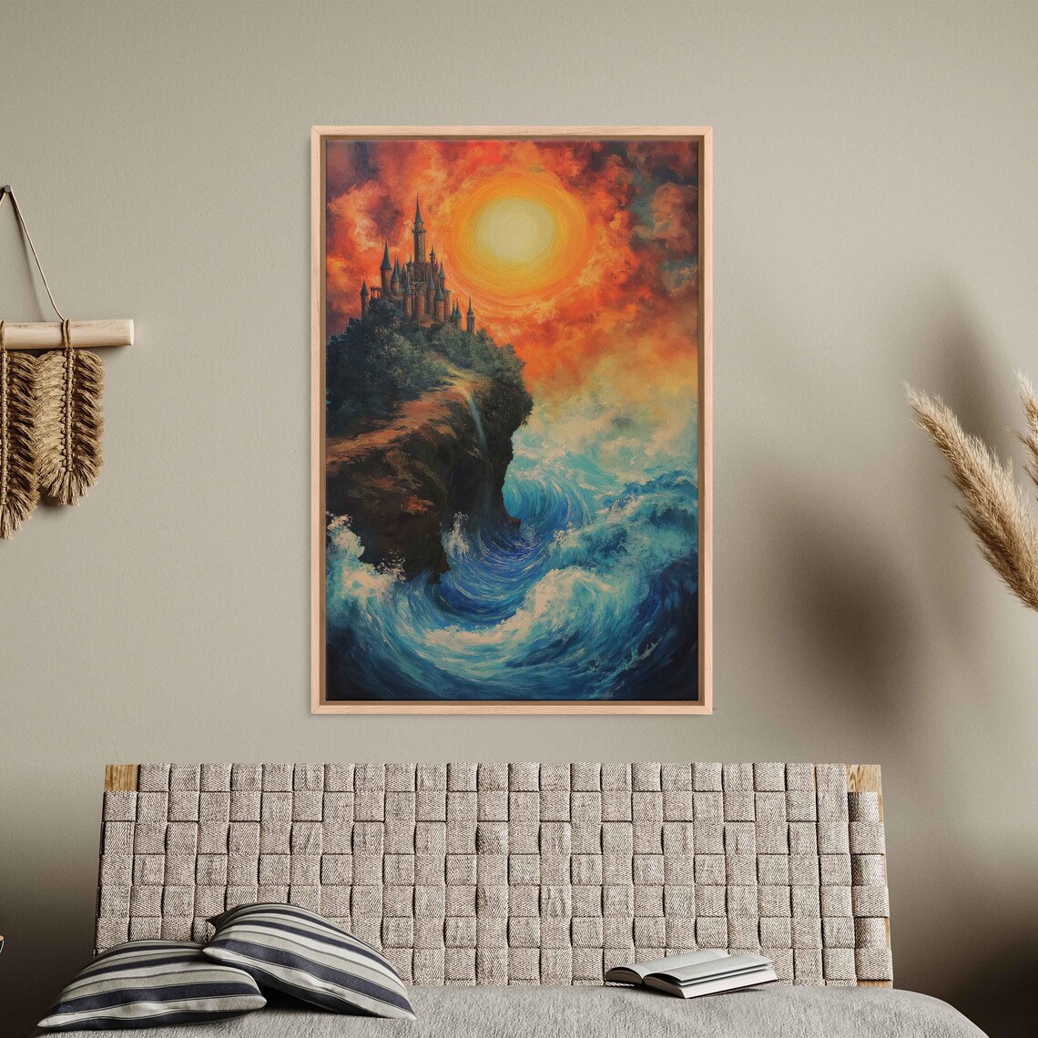 Giant Castle On Cliff, Dramatic Stormy Sea