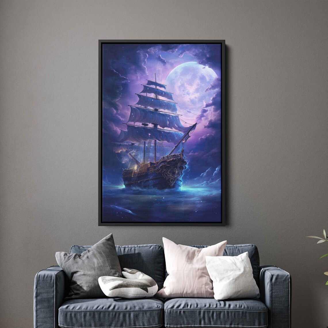 Ghost Pirate Ship Giant Purple Full Moon Tattered Sails Ocean Fantasy Poster - Image 2