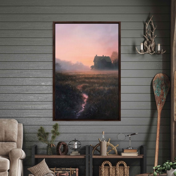 Peaceful Misty Farmhouse Oil Painting Lush Greenery Clear Skies Wall Art Print Ready To Hang