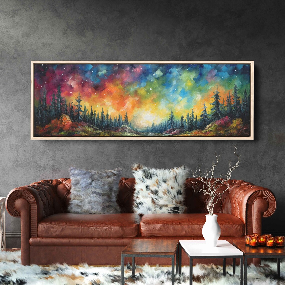 Colorful Rainbow Sky Pine Forest Sunset Palette Knife Art Poster