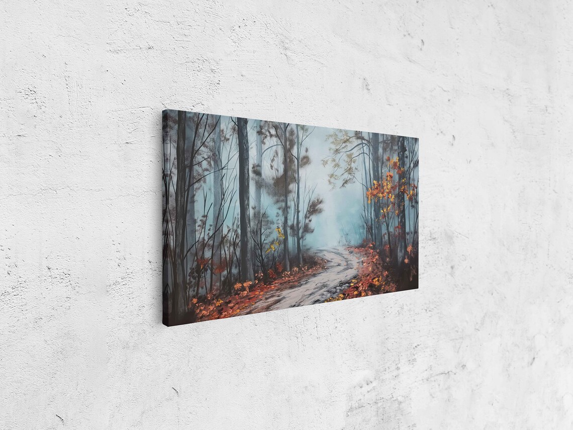 Misty Forest Trail With Red Fall Foliage Morning Light Painting Poster - Image 4