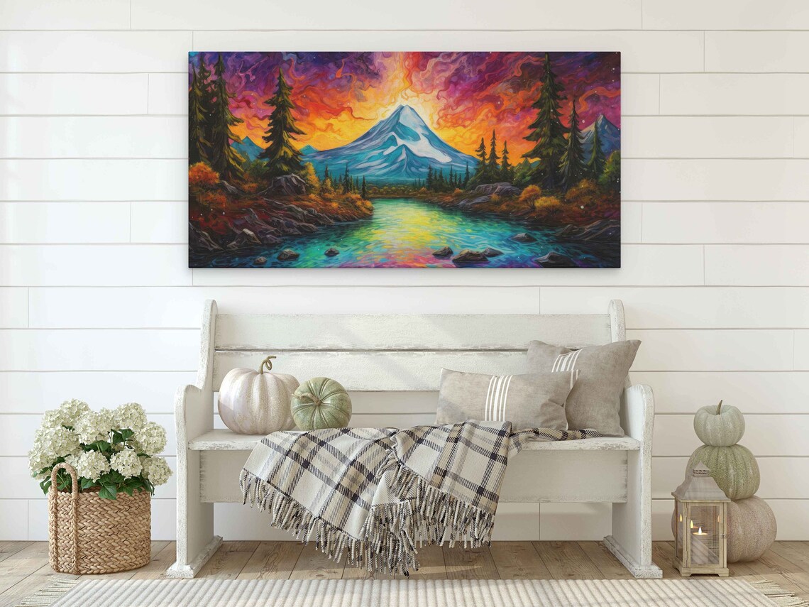 Colorful Neon Volcano Painting Framed Print Ready To Hang Mountain Range Art - Image 2