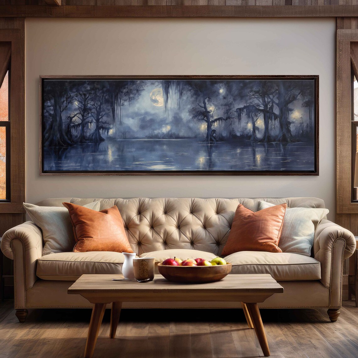 Moonlit Bayou With Gnarled Willow Trees Foggy Swamp Night Wall Art - Image 3