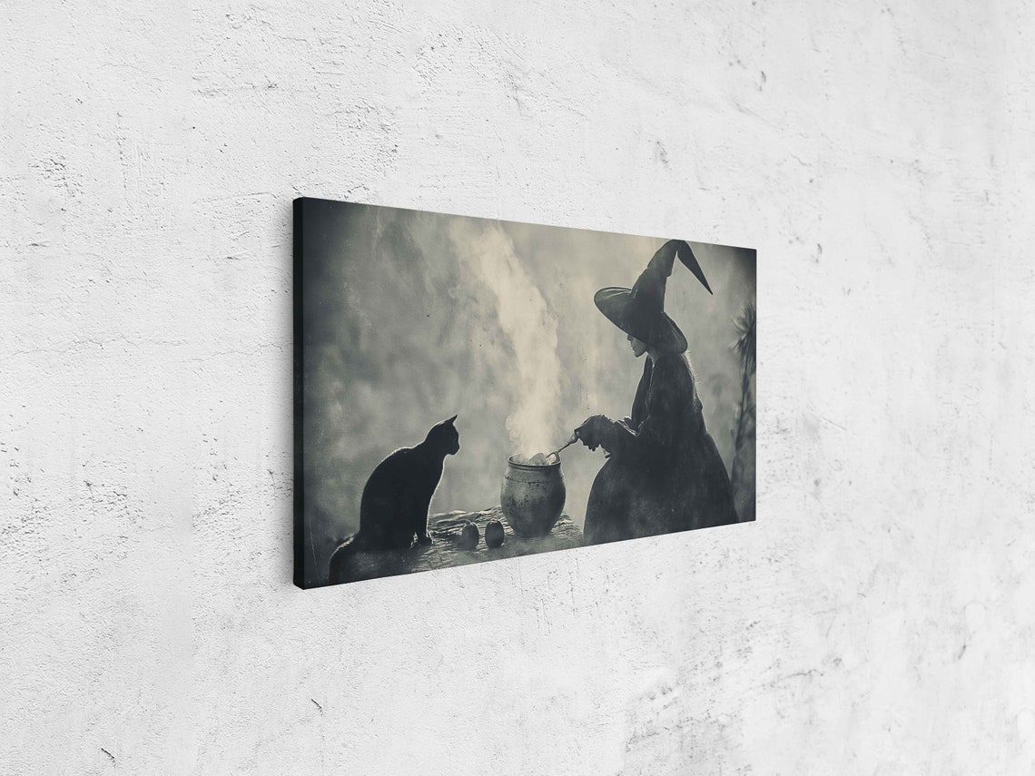 Vintage Witch Brewing Potion Cauldron With Black Cat Halloween Print - Image 4