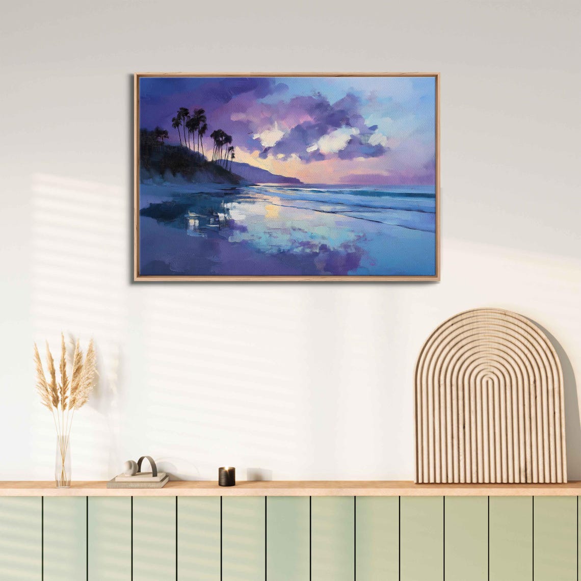 Tranquil Beach Scene At Dusk Wall Art Print Silhouetted Palm Trees Soft Purples And Blues - Image 3