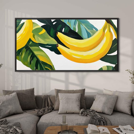 Bright Bananas And Tropical Leaves Acrylic Wall Art Print Kitchen Art Fruit Painting Floral Wall Art Ready To Hang