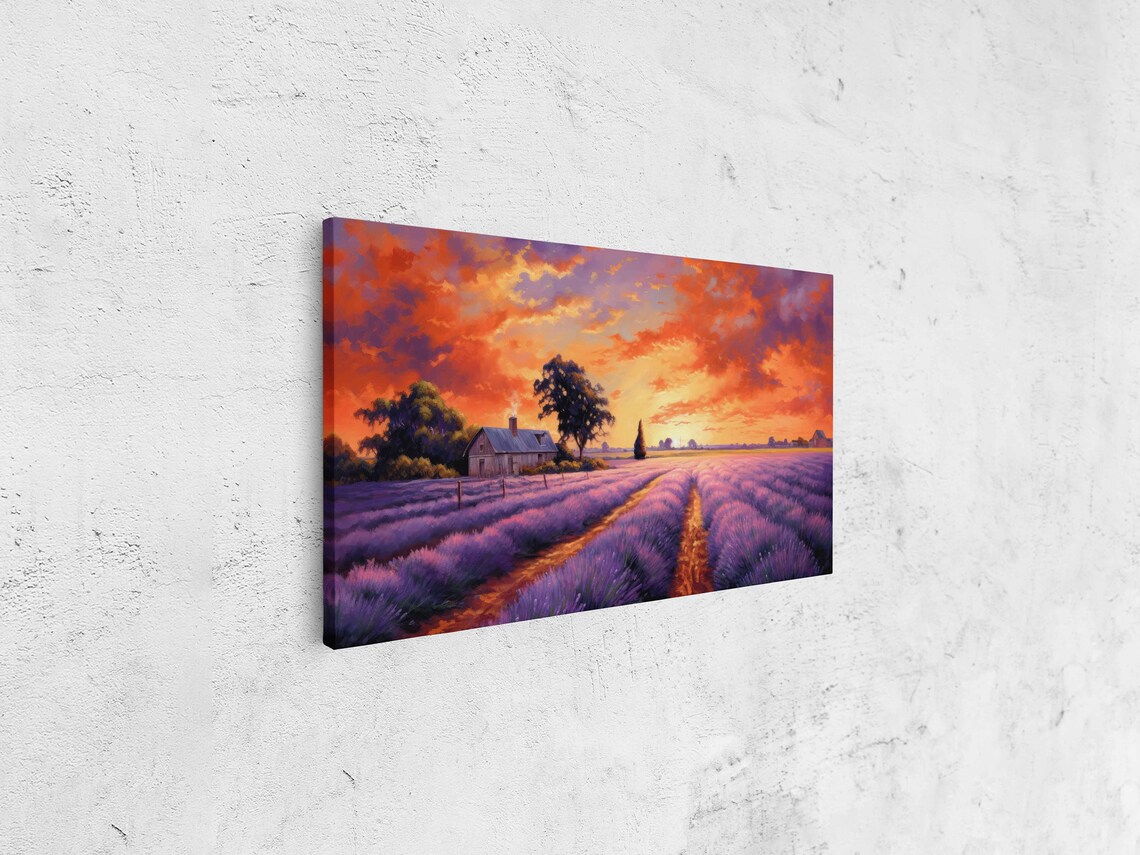 Lavender Farm at Fiery Sunset Rustic Barn Oil Painting Art Poster - Image 4