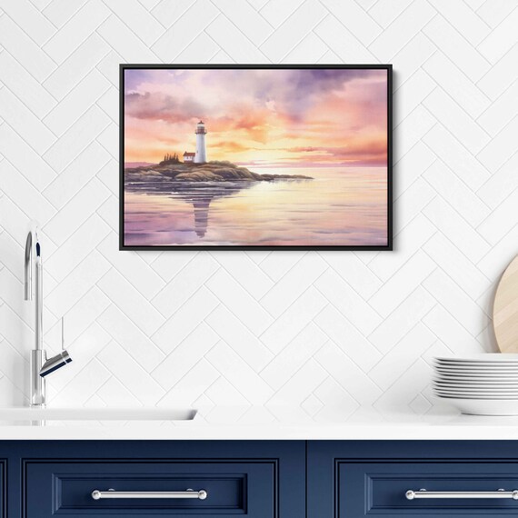 Lighthouse At Sunset Watercolor Calm Sea Rocky Coast Reflection Print