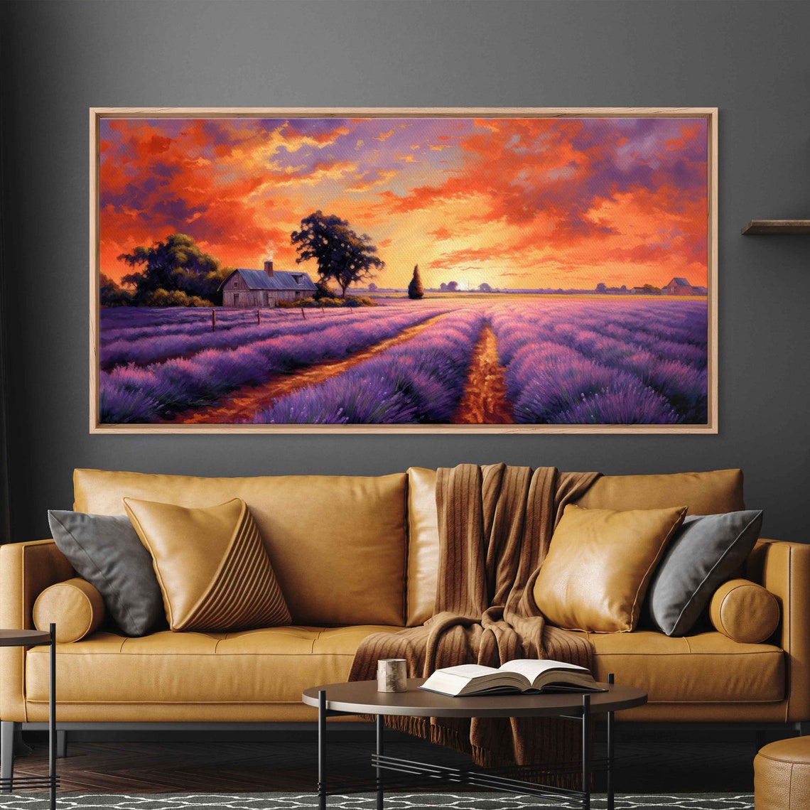 Lavender Farm at Fiery Sunset Rustic Barn Oil Painting Art Poster - Image 3