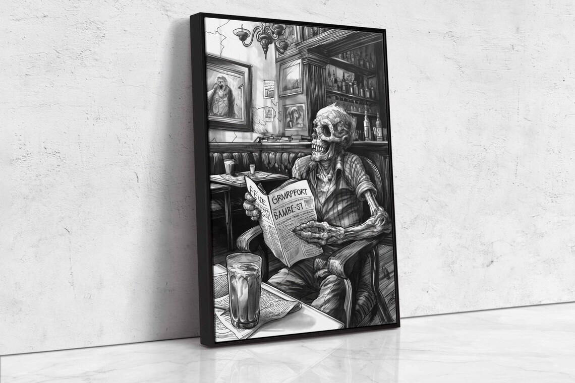 Skeleton Reading Newspaper At Cafe Table With Drink Funny Ink Art Poster - Image 4