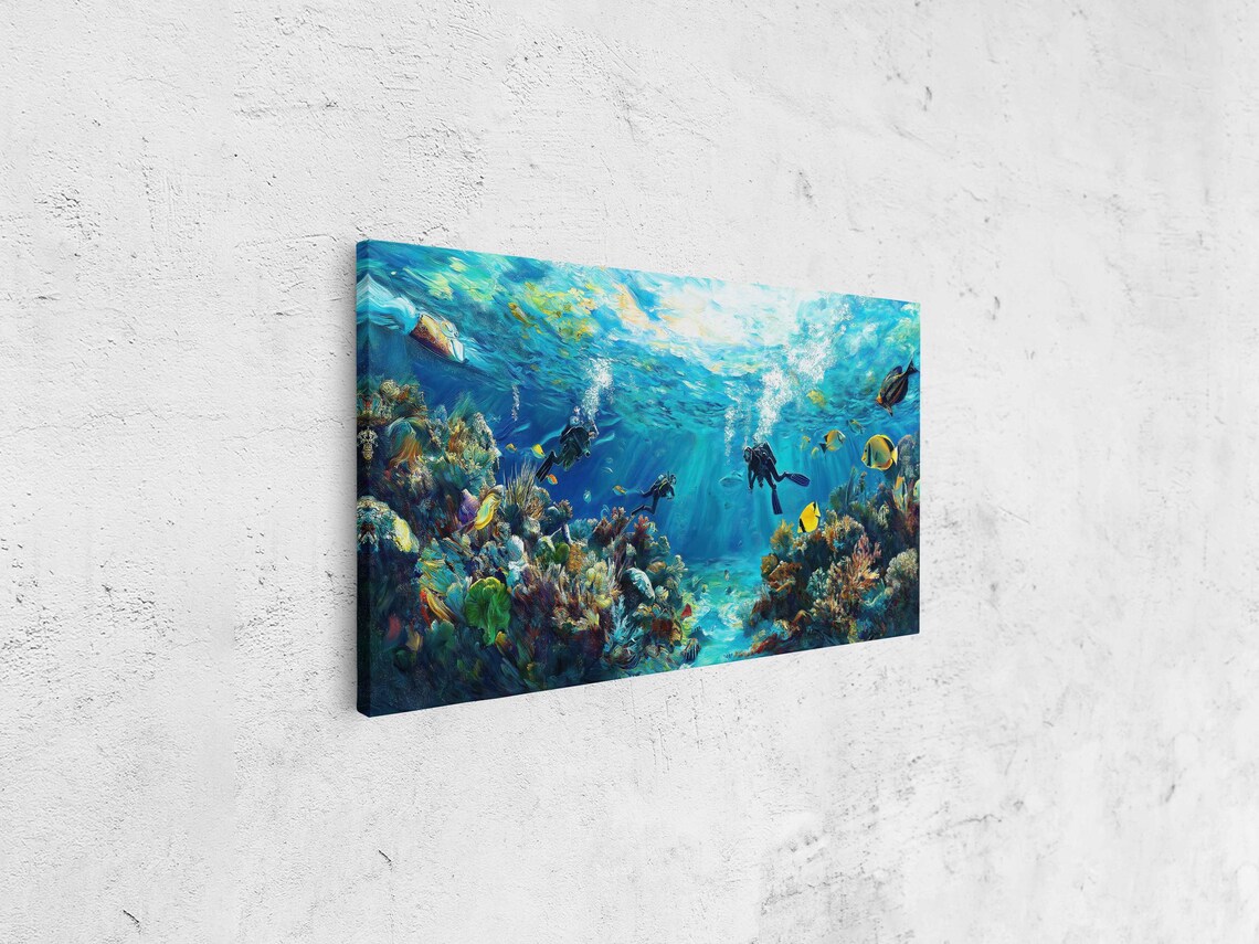 Underwater Scene With Snorkeling Divers Wall Art Print Vibrant Coral Reefs Tropical Fish - Image 4