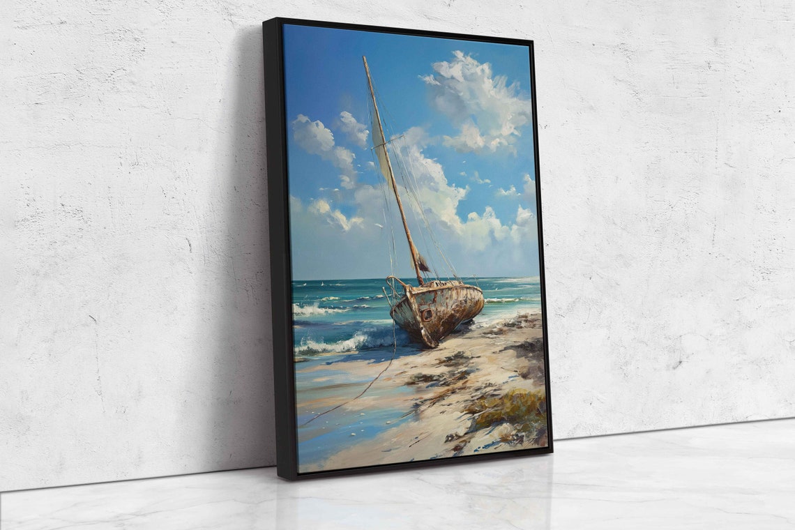 Broken Boat Washed Ashore Painting Cloudy Blue Skies Framed Print Ready To Hang - Image 4