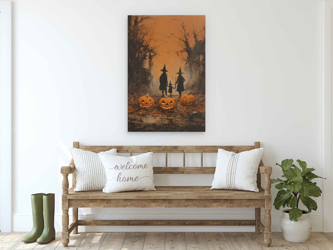 Witch Family Silhouettes With Pumpkins In Autumn Woods At Dusk Poster - Image 3