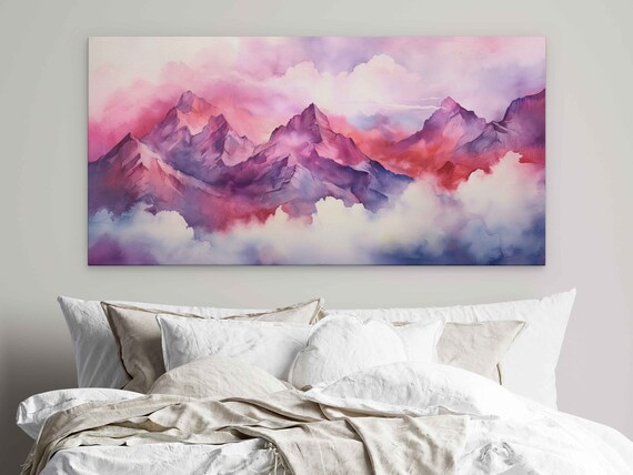 Beautiful Abstract Watercolor Of Mountains And Clouds Print On Ready To Hang Colorful Living Room Decor