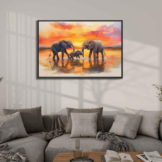 Elephants Bathing At Sunset Watercolor Family Reflection Wildlife Poster