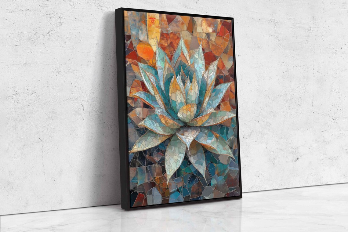 Mosaic Stained Glass Style Blue Agave Geometric Plant Art Poster - Image 4