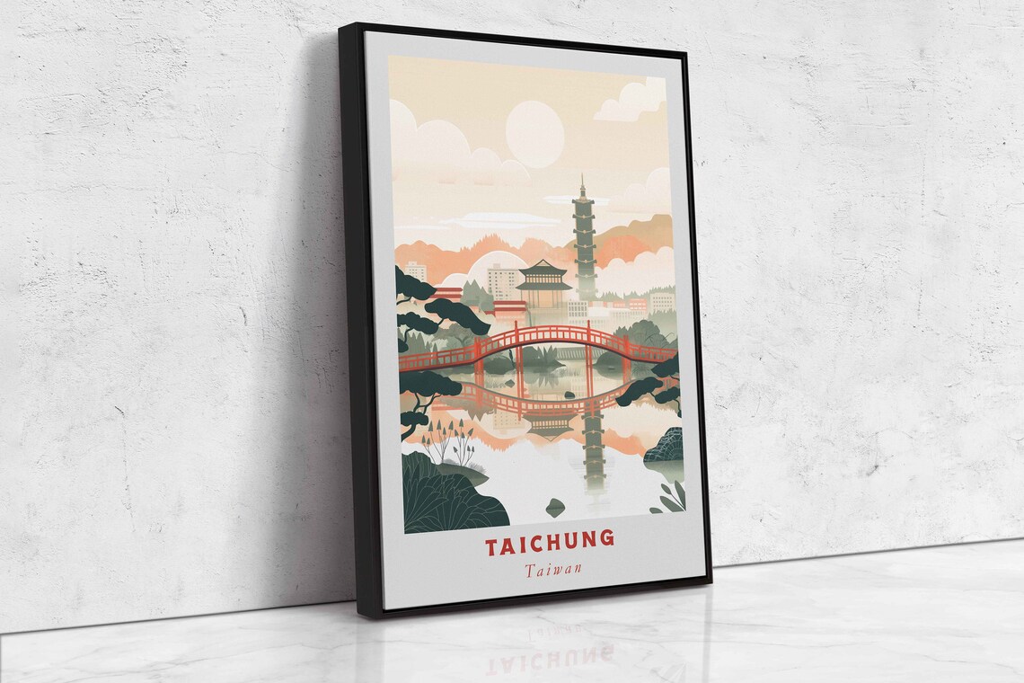 Taichung Taiwan Red Bridge Pagoda Lake Sunset Art Travel Poster - Image 2