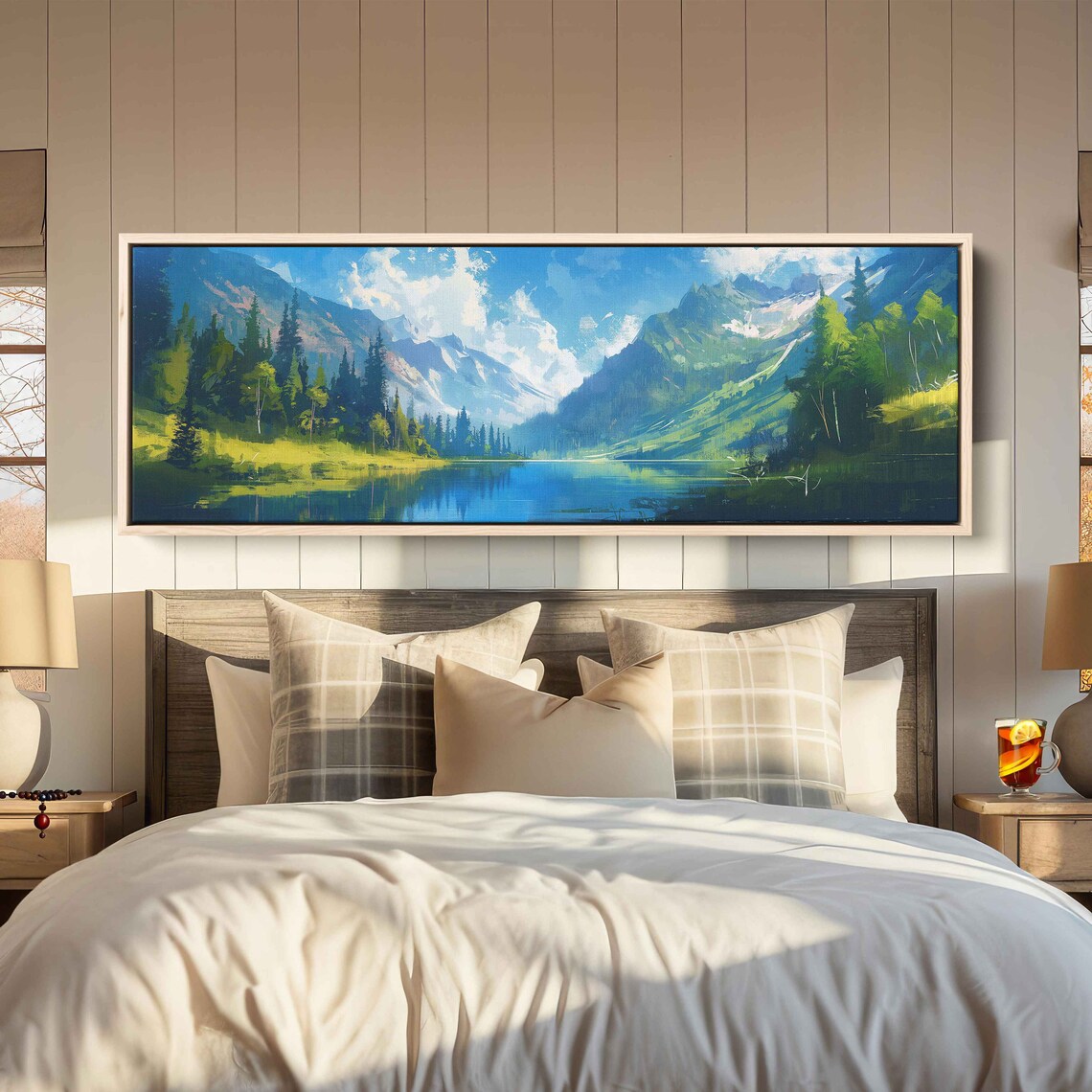 Sunlit Green Mountain Valley Blue Lake Vibrant Landscape Painting Poster - Image 3