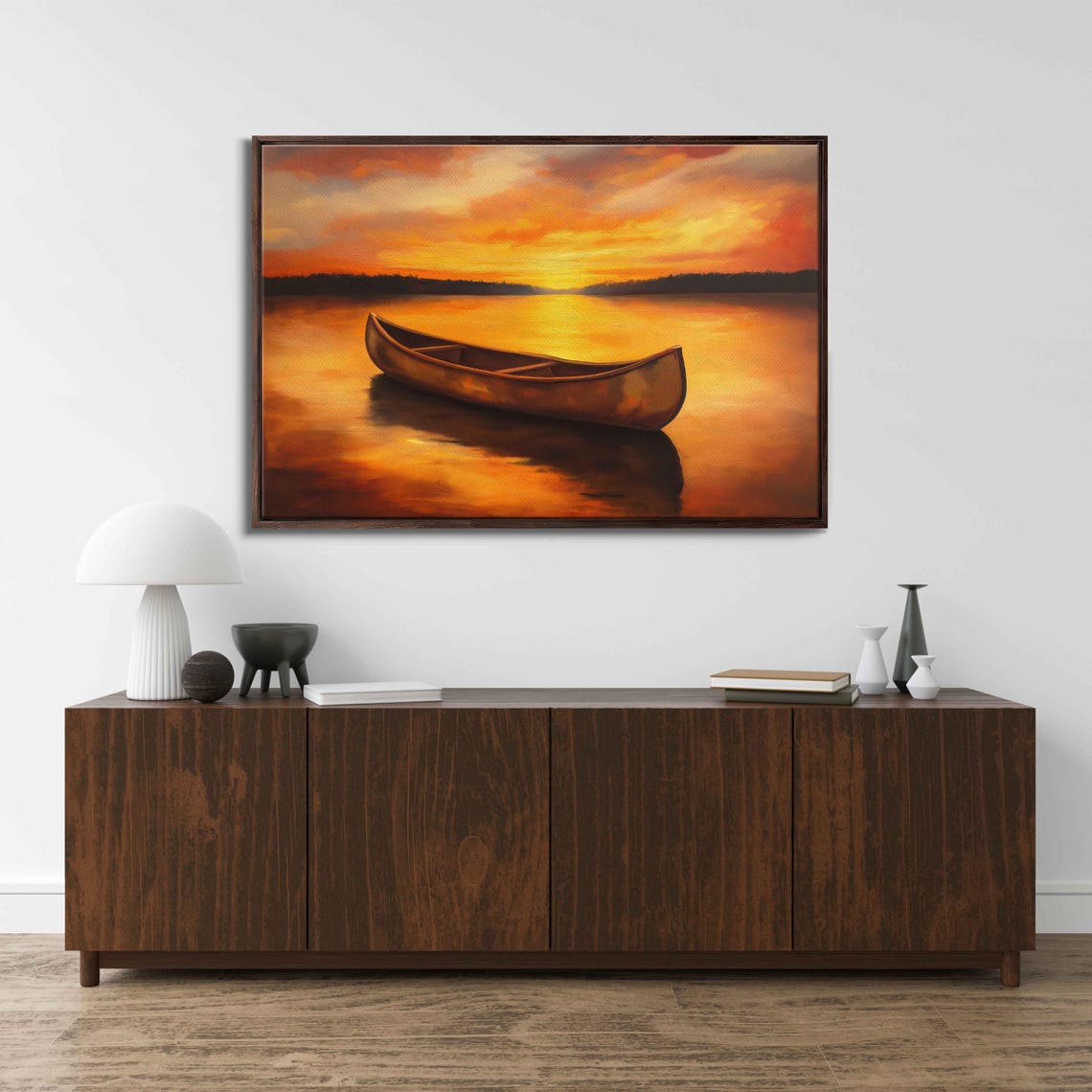 Solitary Canoe On Glassy Lake Wall Art Print Impressionistic Sunset Scene