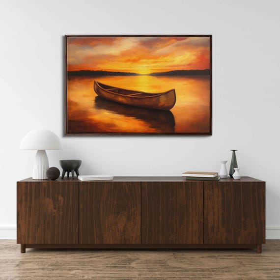 Solitary Canoe On Glassy Lake Wall Art Print Impressionistic Sunset Scene