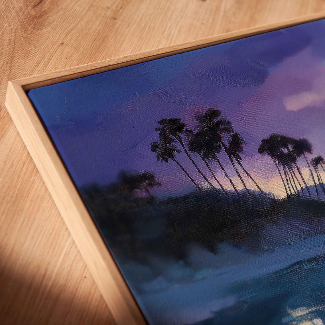 Tranquil Beach Scene At Dusk Wall Art Print Silhouetted Palm Trees Soft Purples And Blues - Image 2