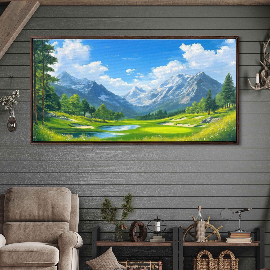 Scenic Golf Course Landscape Wall Art Print Vibrant Oil Painting Majestic Mountains
