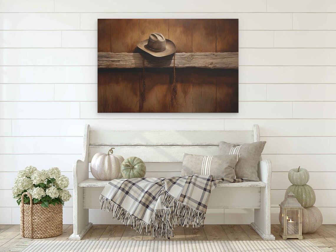 Vintage Cowboy Hat on Wooden Beam Rustic Western Decor Art Print - Image 2