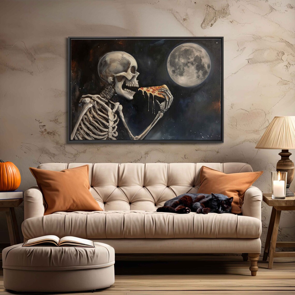 Skeleton Eating Pizza, Halloween Oil Painting Art Print - Image 3