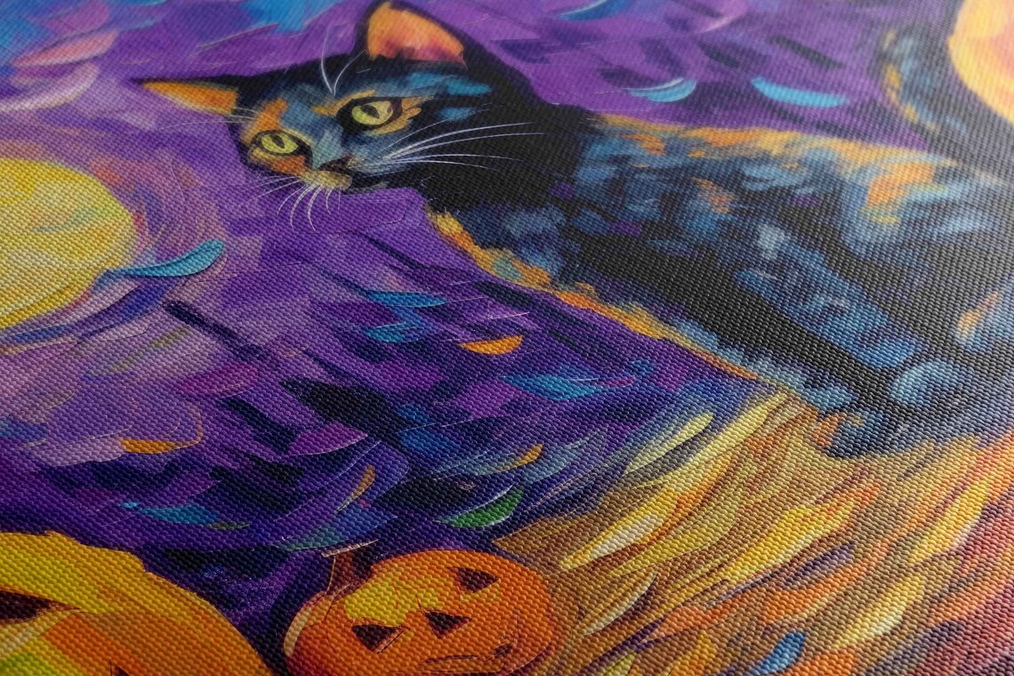 Black Cat Halloween Jack O Lantern Pumpkins Full Moon Whimsical Painting Print - Image 2