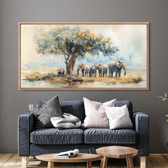 Elephant Family Beneath Acacia Tree by the Water Soft Watercolor Art Poster