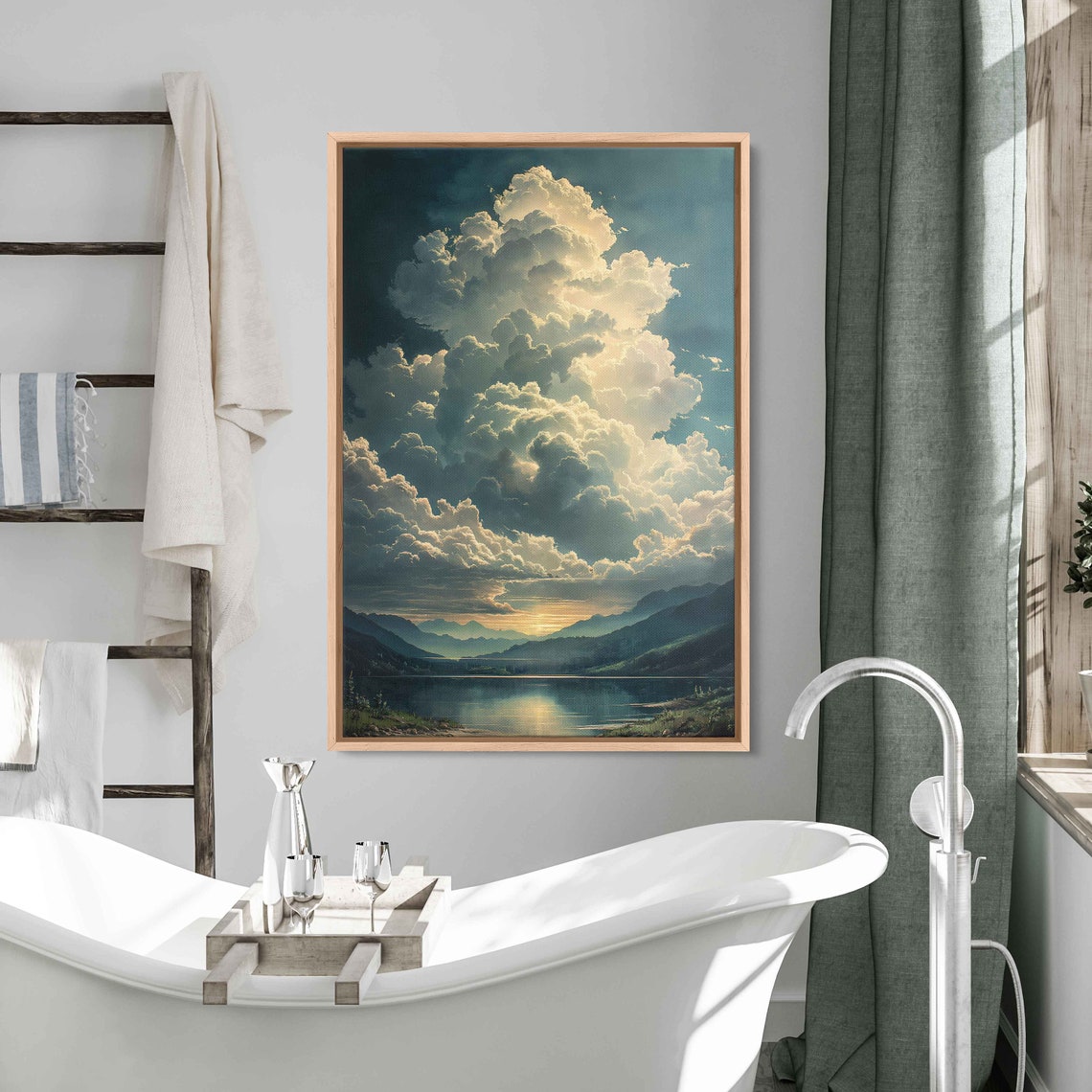 Dramatic Cumulus Clouds Mountain Lake Sunset Reflection Art Poster