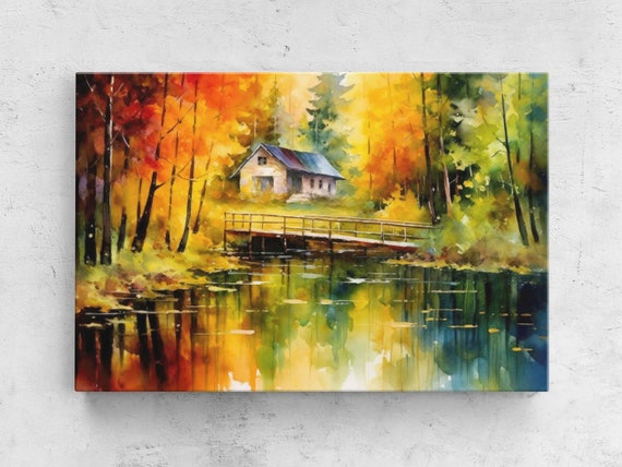 Colorful Watercolor Cabin In The Woods Bridge Over Pond Framed Print Rustic Decor