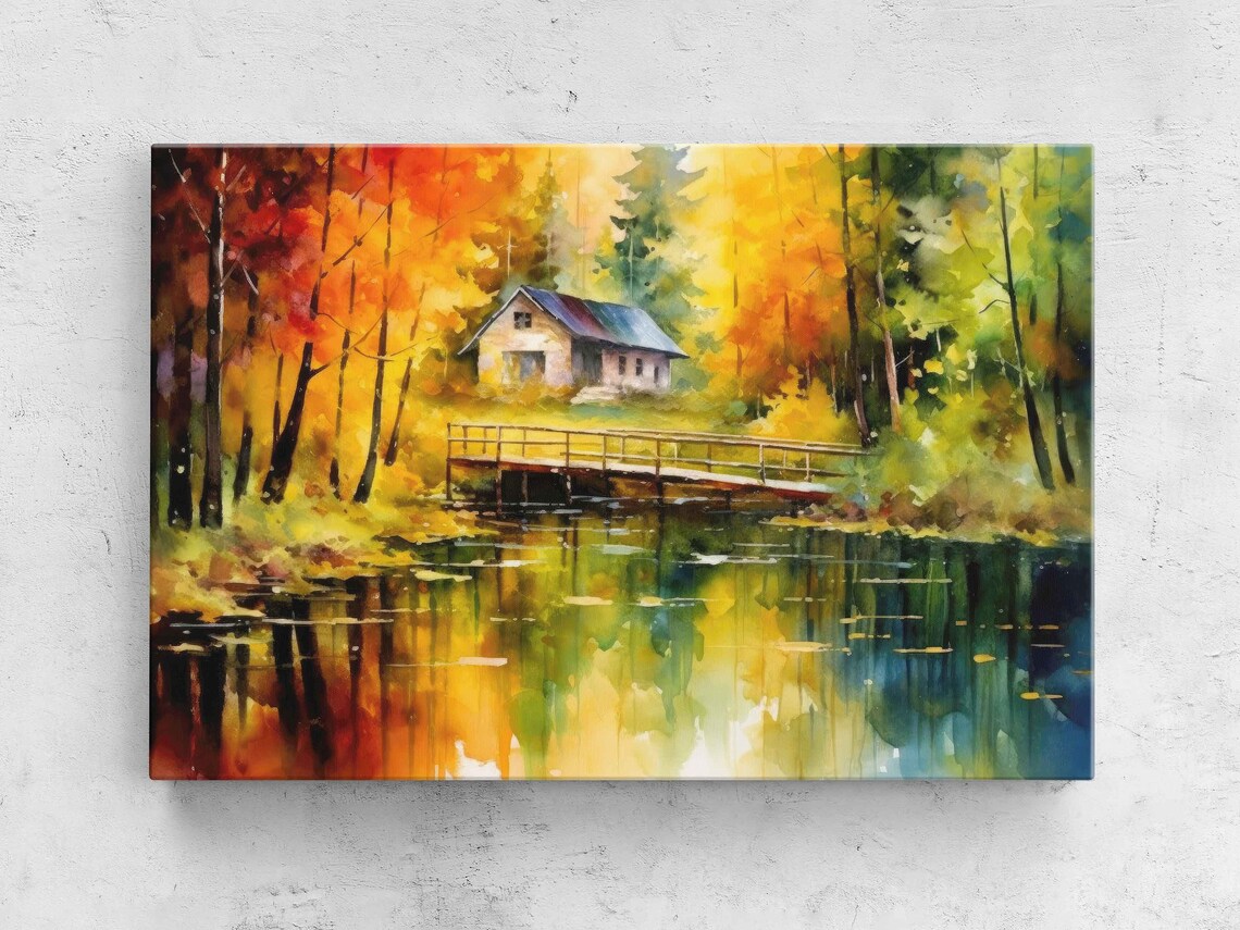 Autumn Cabin by the Pond Wooden Bridge Watercolor Rustic Scene Poster