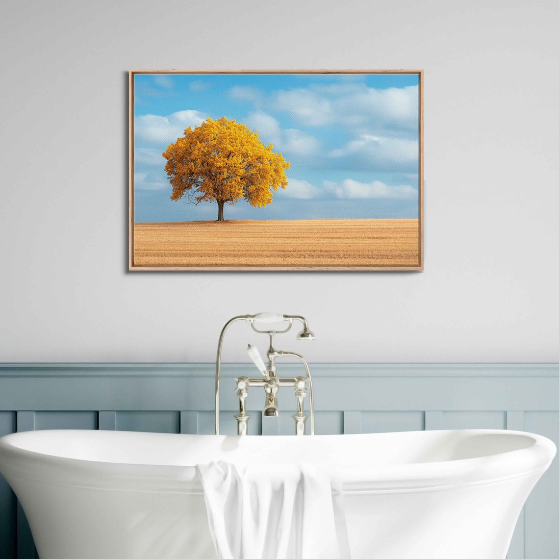 Lone Golden Tree Standing In Harvest Field Blue Sky Nature Poster - Image 3