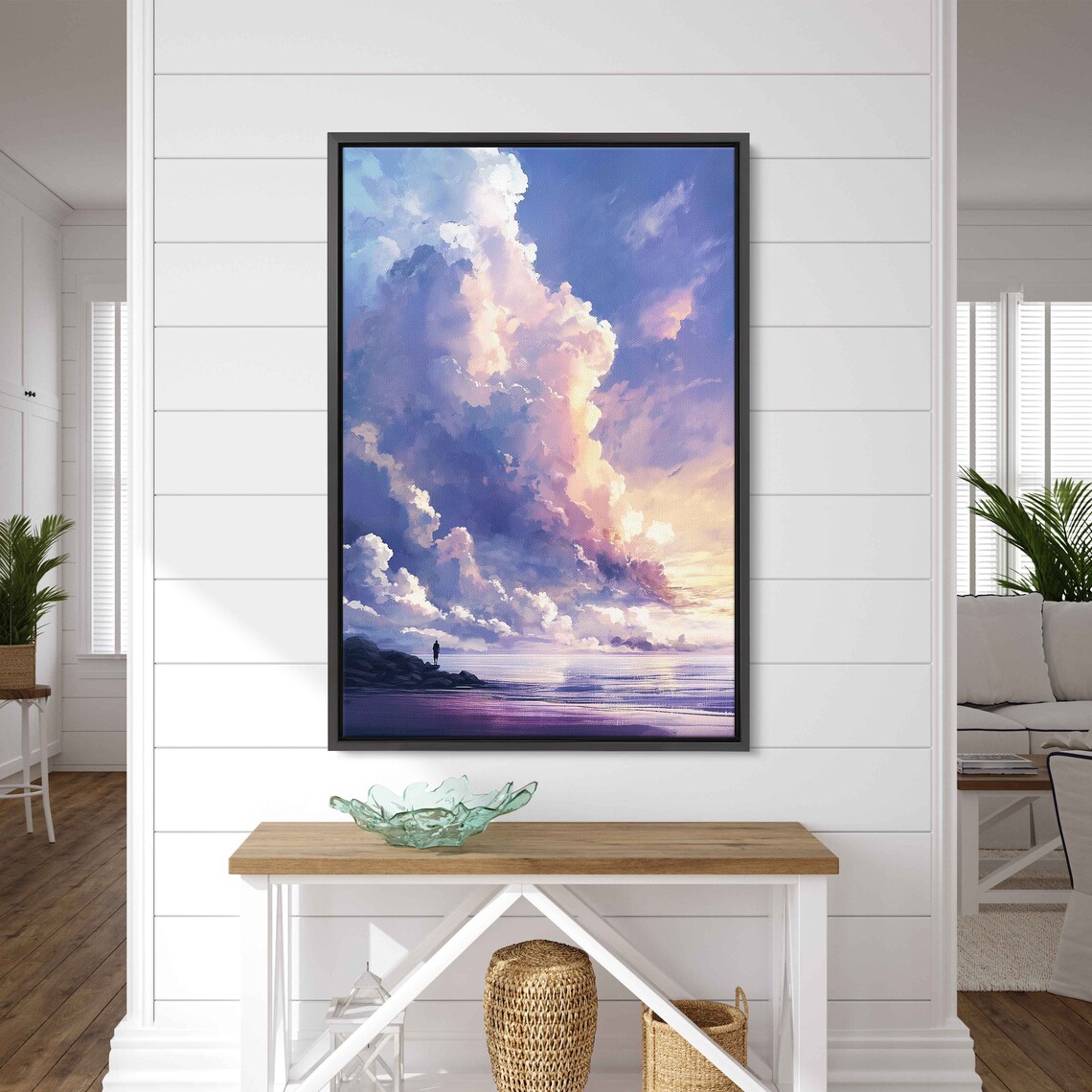Pastel Cloud Tower Calm Purple Sea Lone Figure Dreamy Coastal Sky Wall Poster