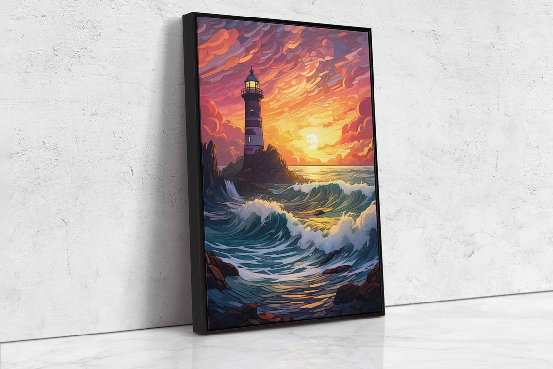 Stylized Lighthouse Above Crashing Waves Colorful Sunset Sky Poster - Image 4