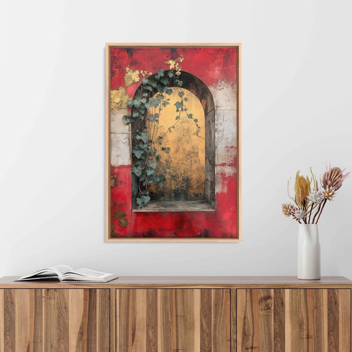 Ivy Covered Stone Niche Red Wall Gold Sky Botanical Collage Art Poster